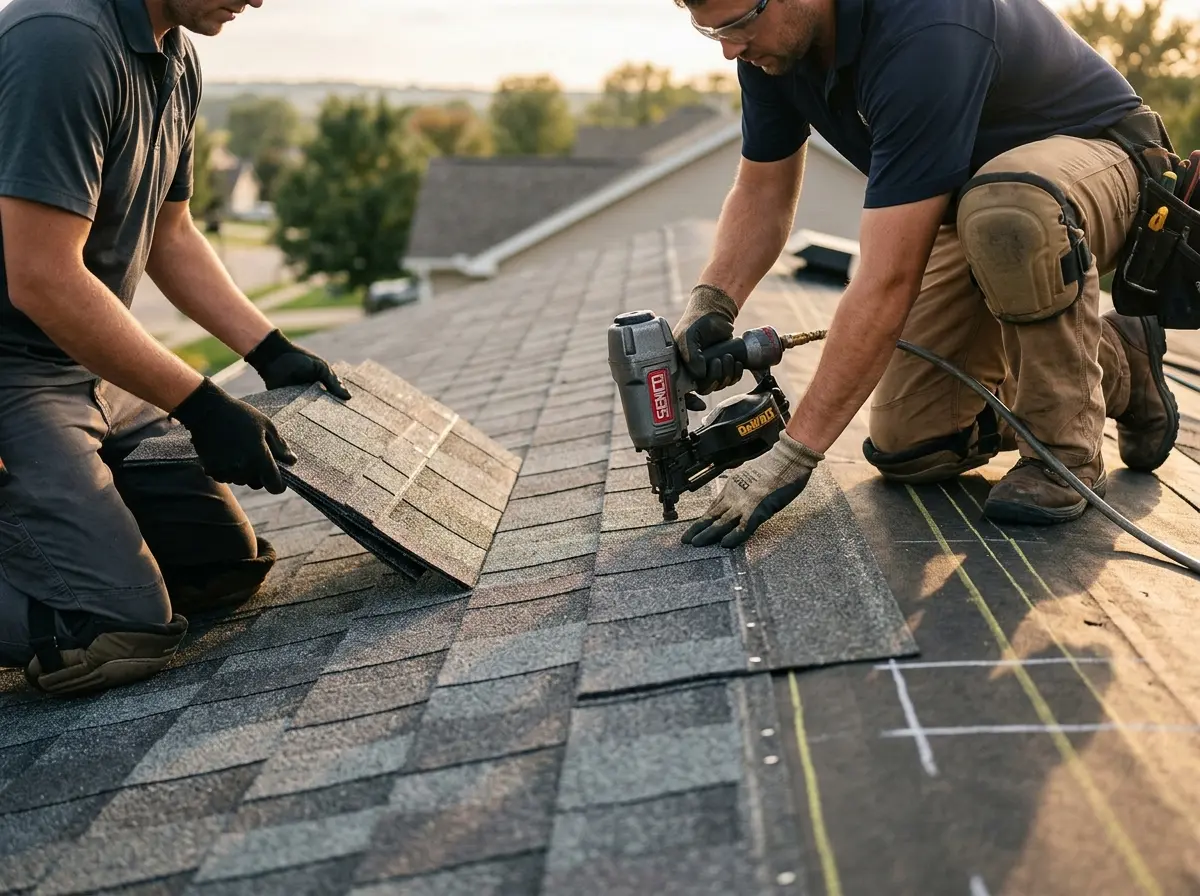 Professional roofer working on a residential roof in Seaside
